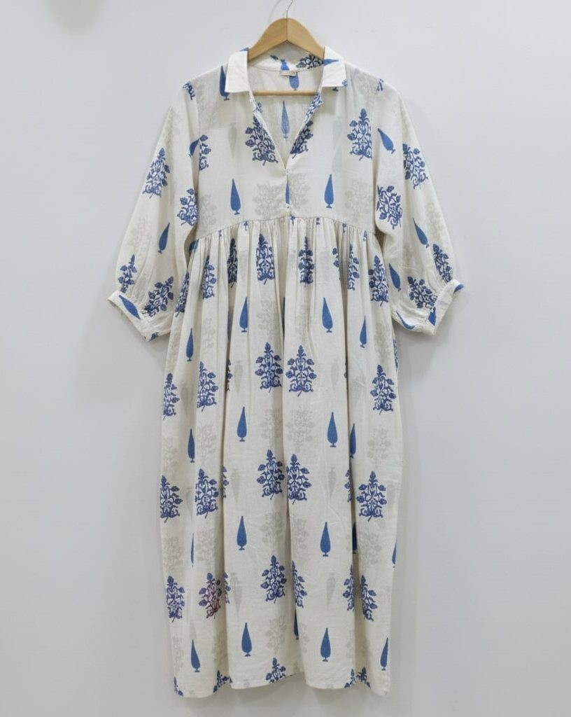 Women Kyra Midi Dress Cotton Block Print Boho Floral Summer Dress