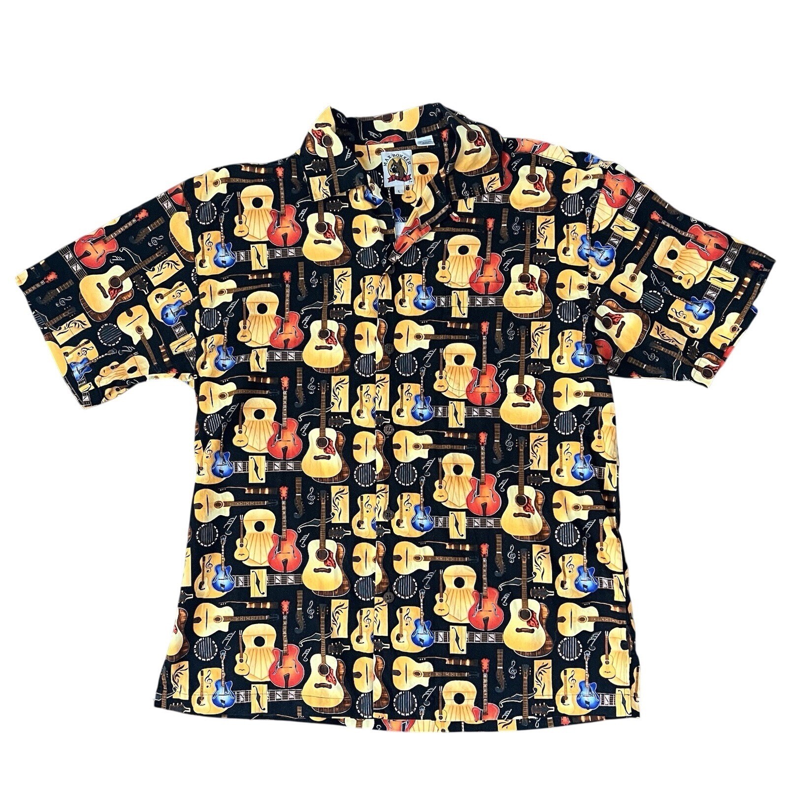 Max Boxxer USA Mens Shirt large Hawaiian Button Rock Guitars VTG All Over Print