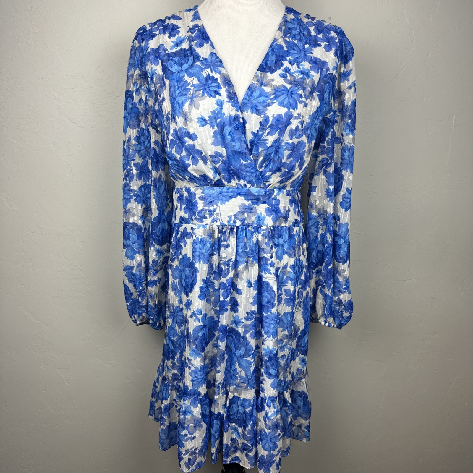 Alex Marie Blue Floral Metallic Lurex Dress Womens Size 14 Tie Waist
