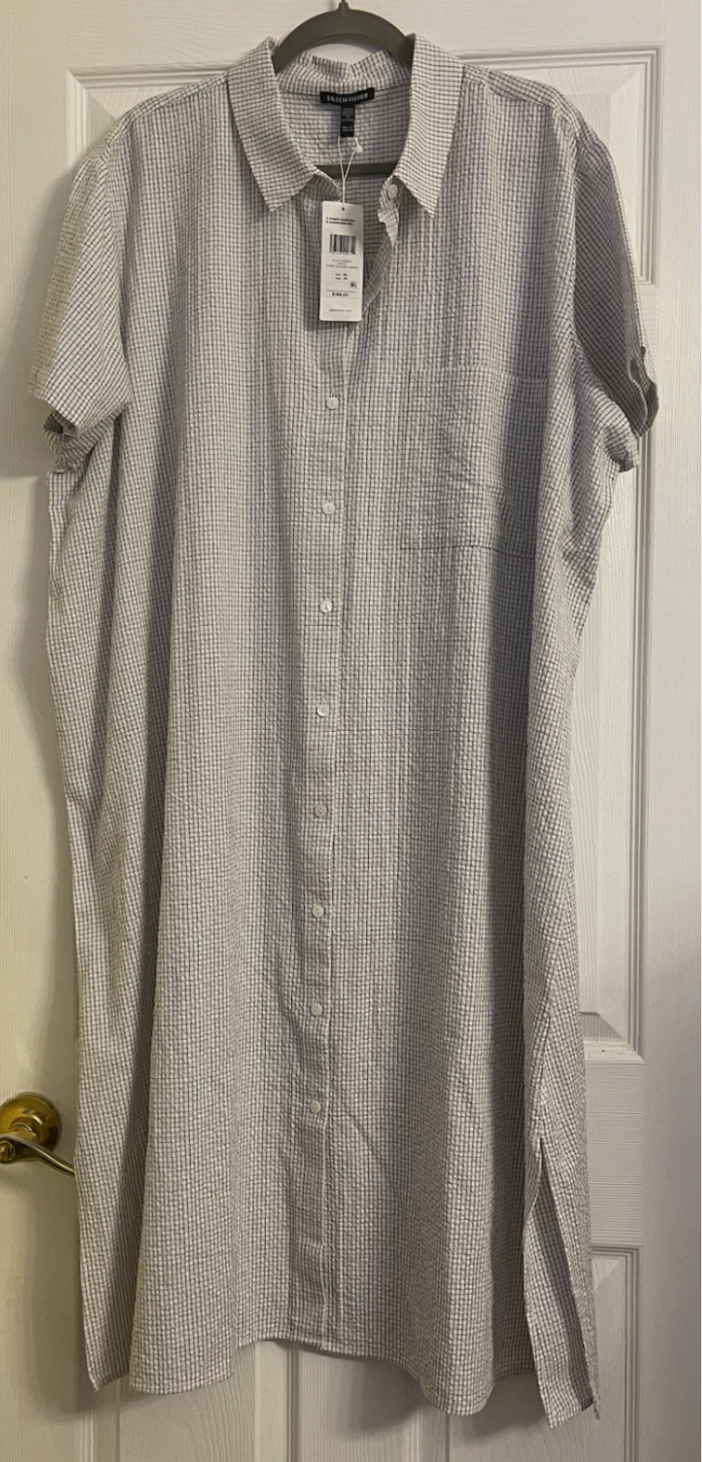 NWT $188 Eileen Fisher White Organic Cotton Ripple Classic Collar Dress XL