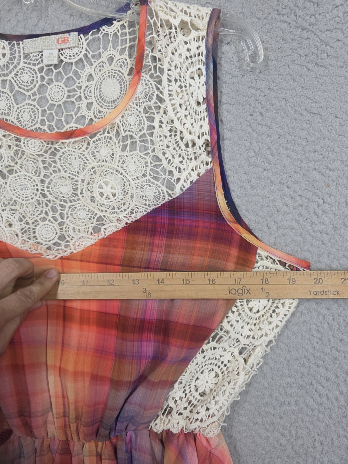 Plaid Fit And Flare Dress Medium GB Crochet Trim Orange Purple Sundress Knee Lgt