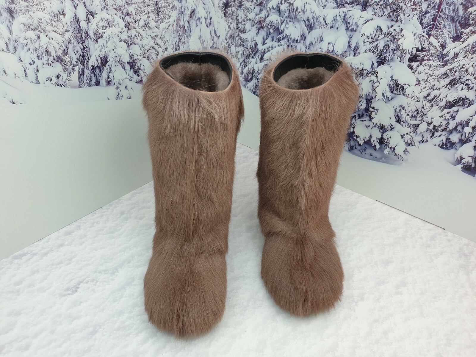 Brown Mocha Mousse Goat Fur Winter Snow Boots for Women, Furry Moutons