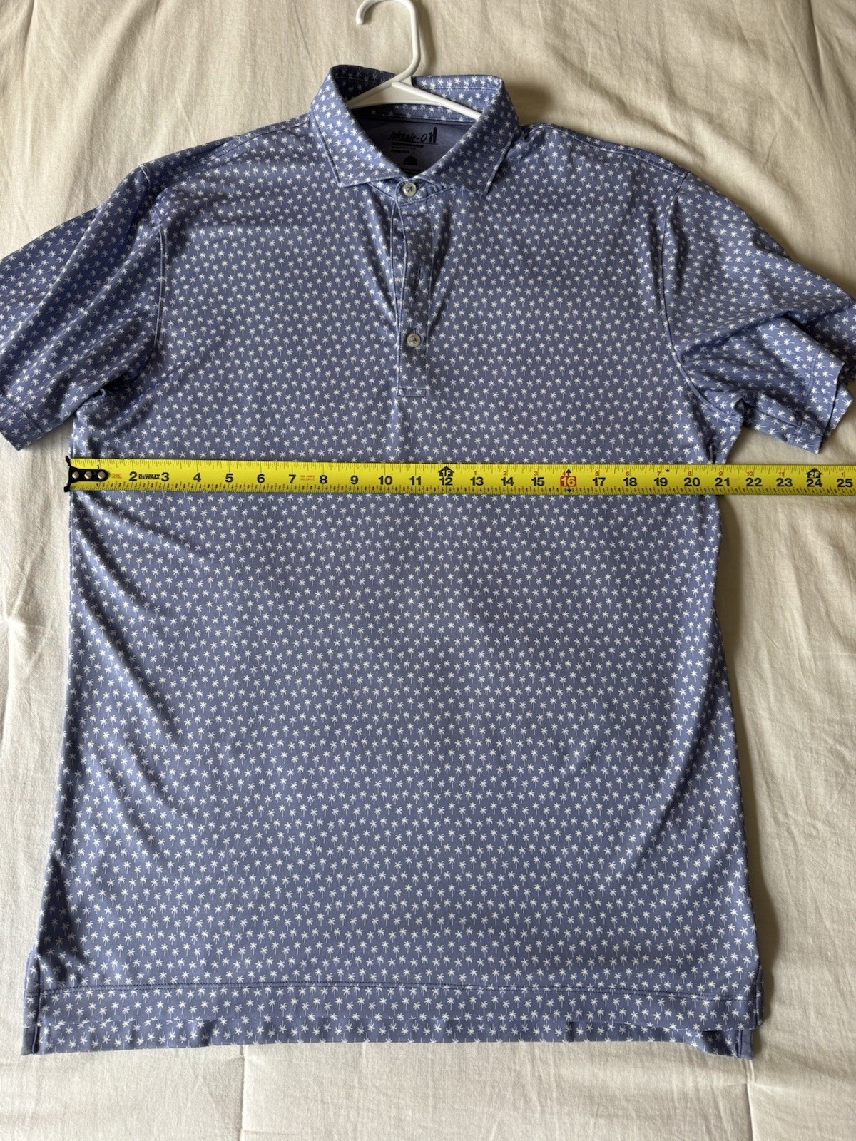 johnnie-O Performance Men’s Polo Shirt M Blue Palm Tree Print Stretch Golf