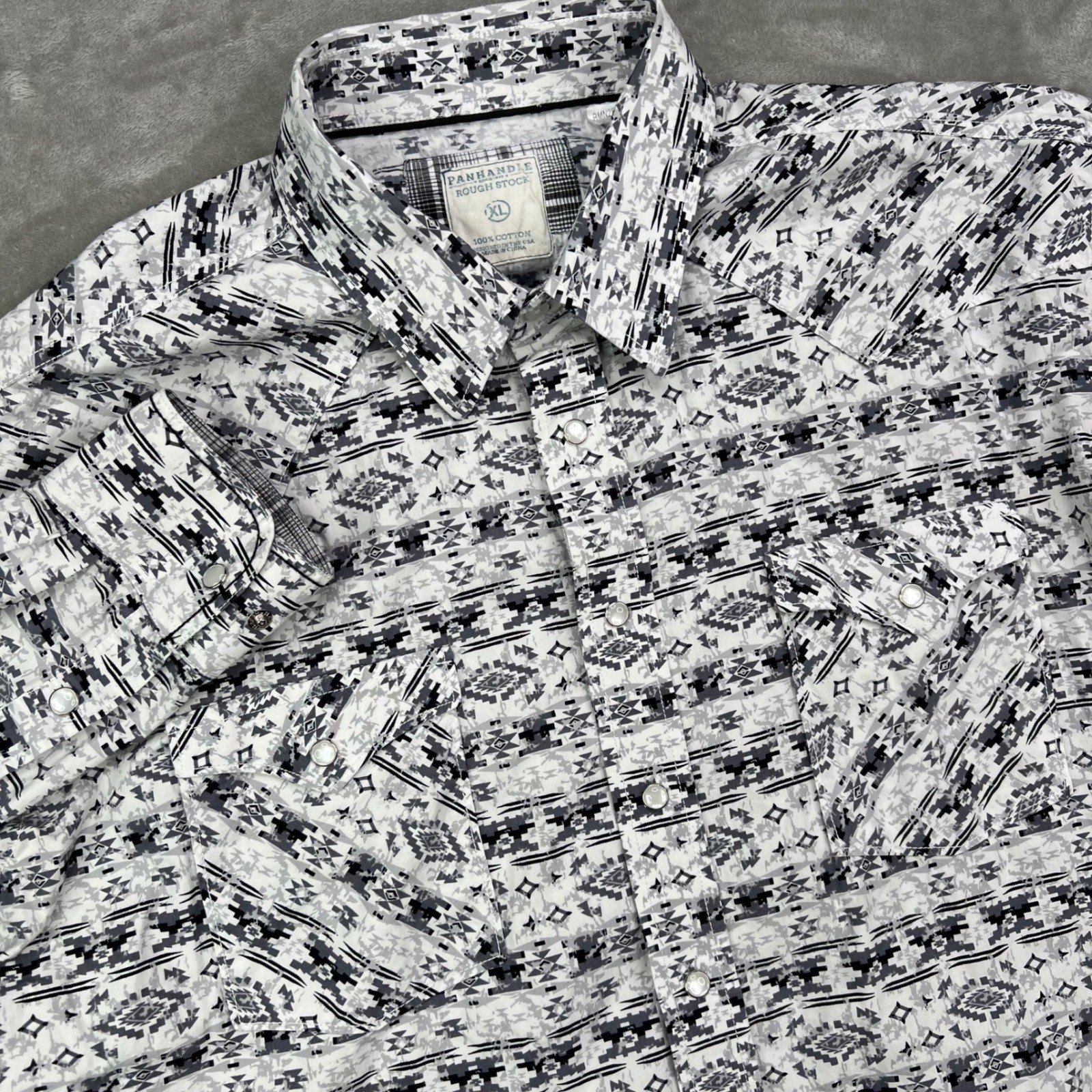 Panhandle Rough Stock Western Shirt Men XL Grey Aztec Geometric Pearl Snap Rodeo