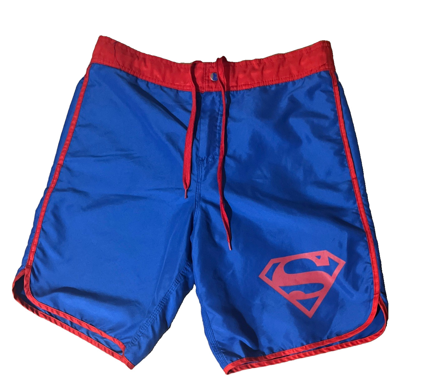 Men’s Blue Superman Swim Trunks Shorts Button zipper and Drawstring Sz Lg Logo