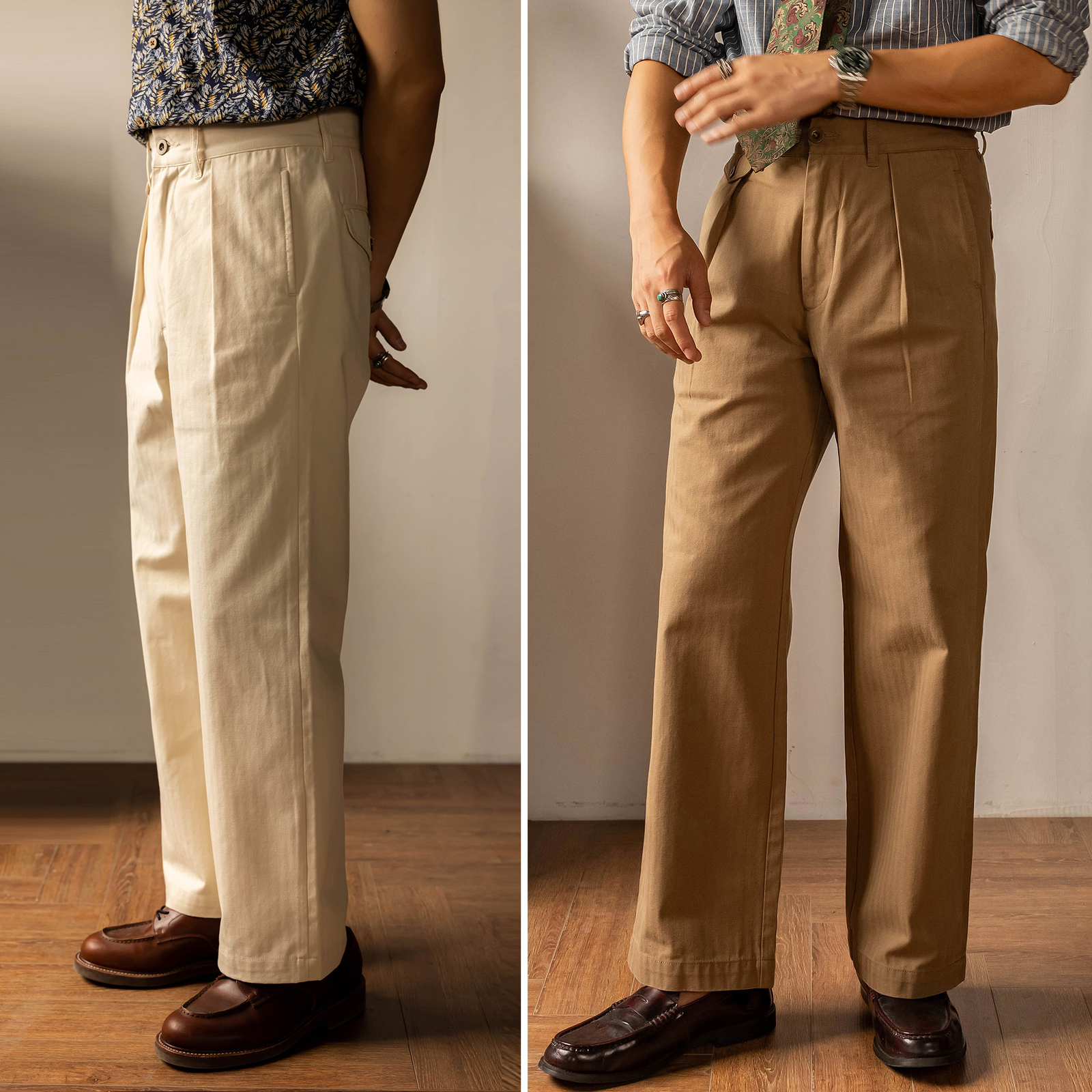 Red Tornado Retro Men’s HBT Straight Pants Cotton Pleated Casual Formal Trousers