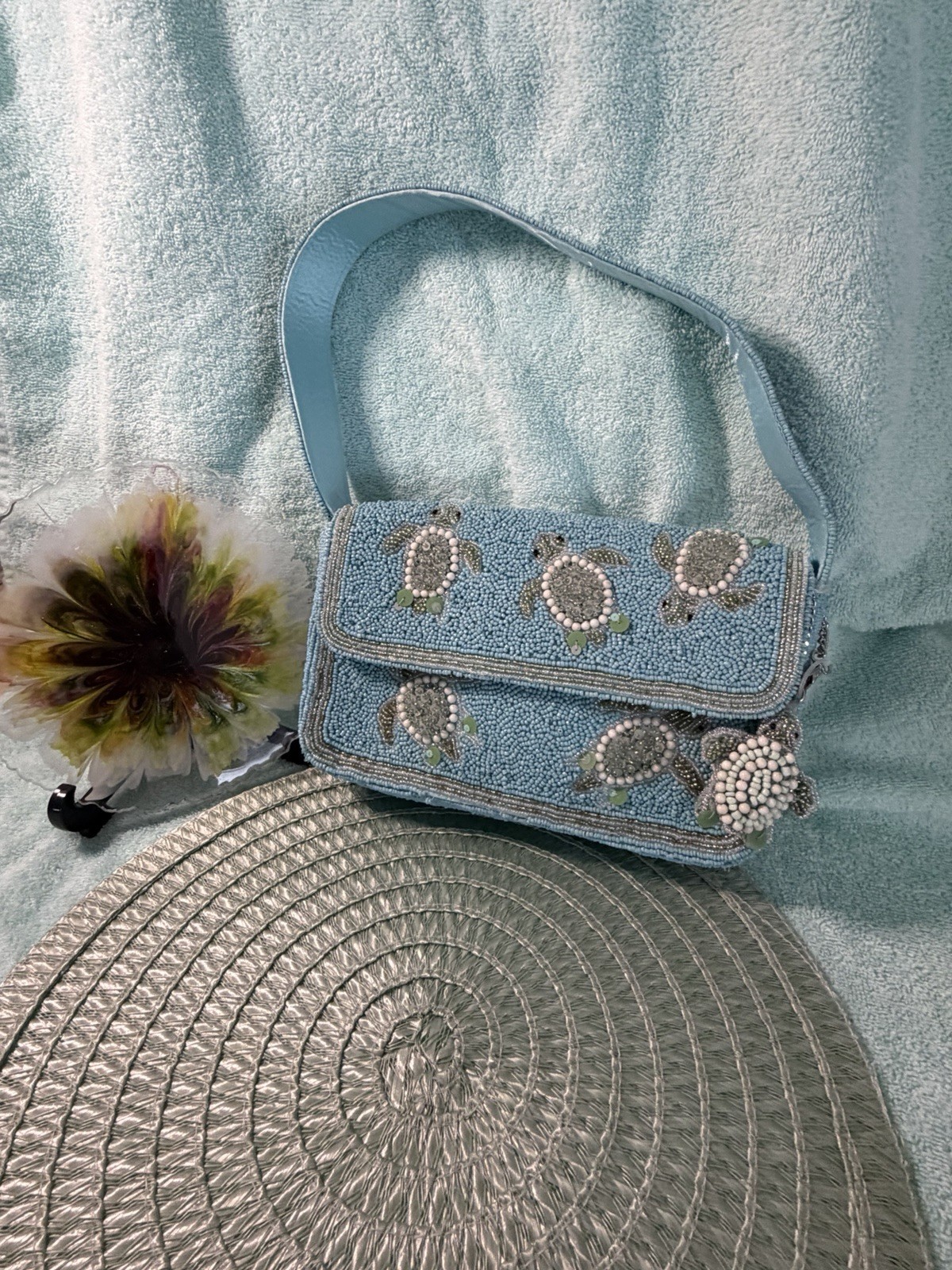 Blue Beaded Sea Turtle Bag Handcrafted in India With Bag Charm