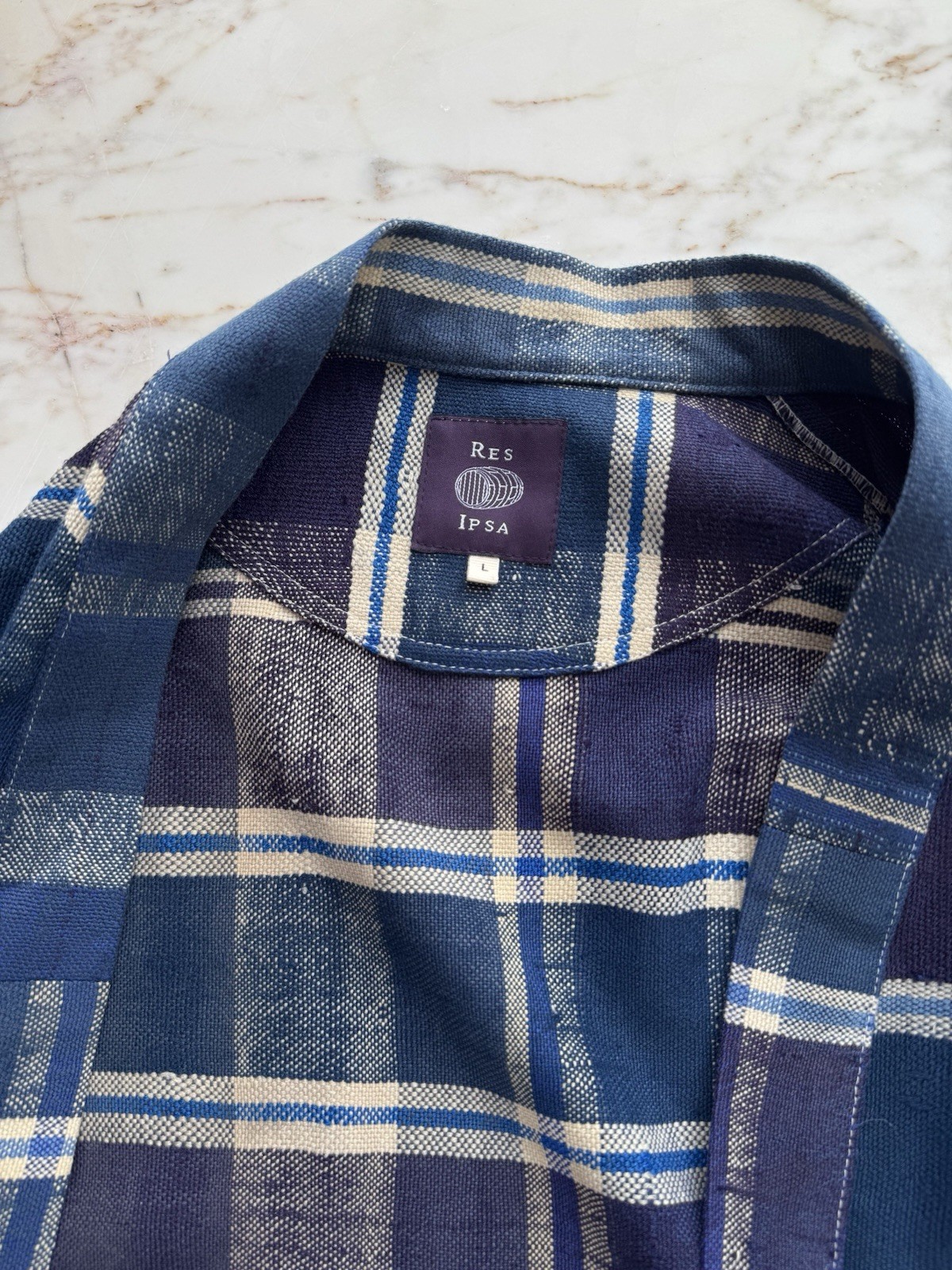 Res Ipsa Indigo Plaid Handwoven Linen Kimono Jacket Unisex L Vintage Morocco