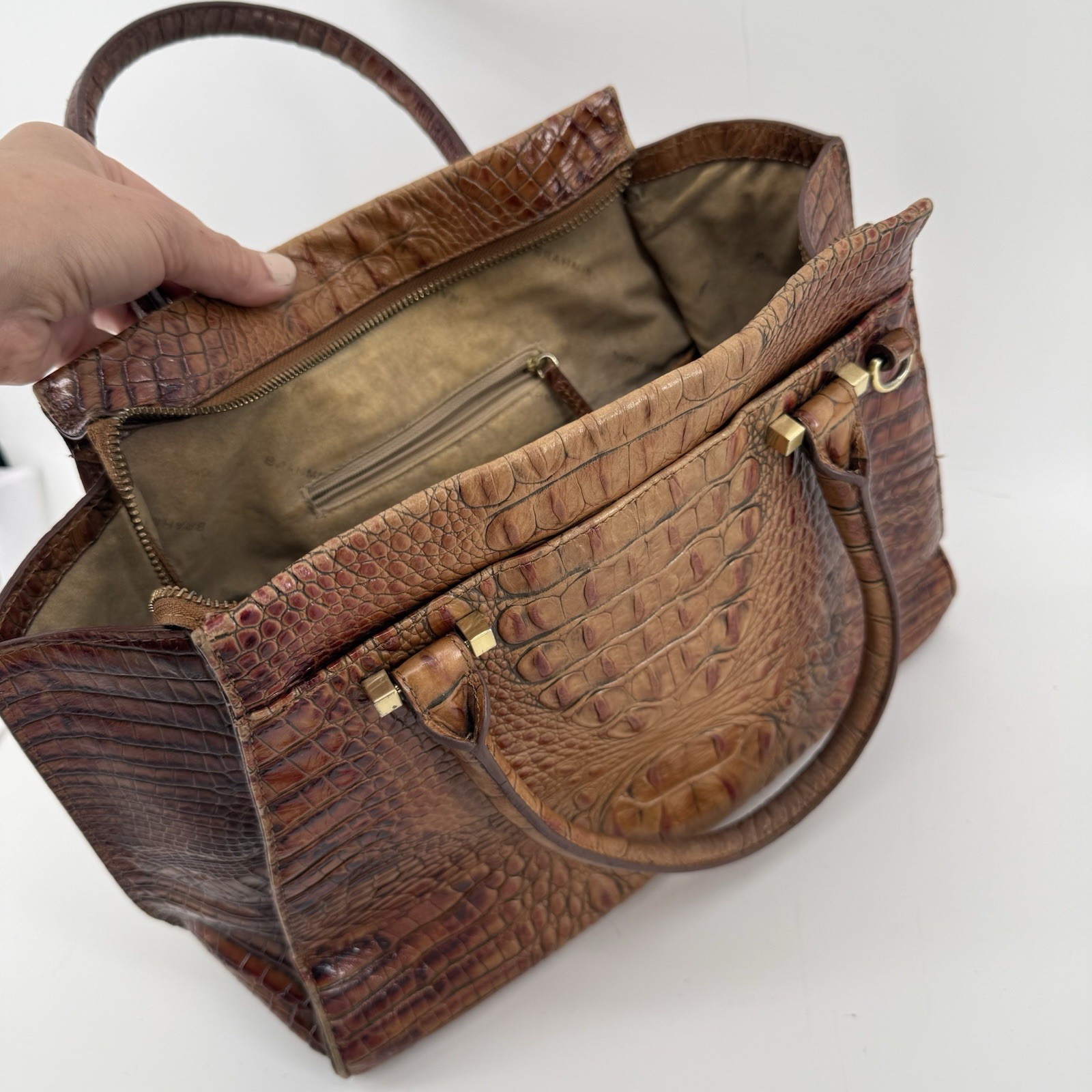 BRAHMIN Priscilla Satchel Pecan Brown Leather Croc Embossed Bag Quiet Luxury