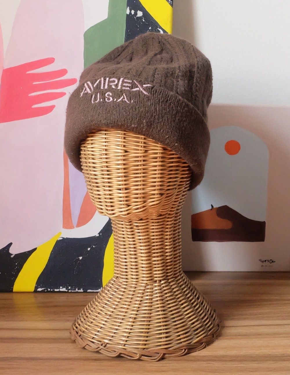 Avirex USA Spell Out Beanie Hat Dark Brown Embroidered Knit Cap