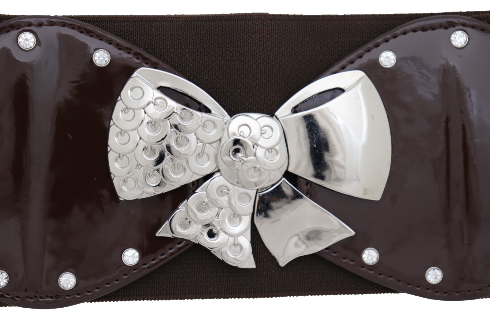 Women Dark Brown Color Wide Apparel Belt Silver Metal Bow Tie Ribbon Buckle S M