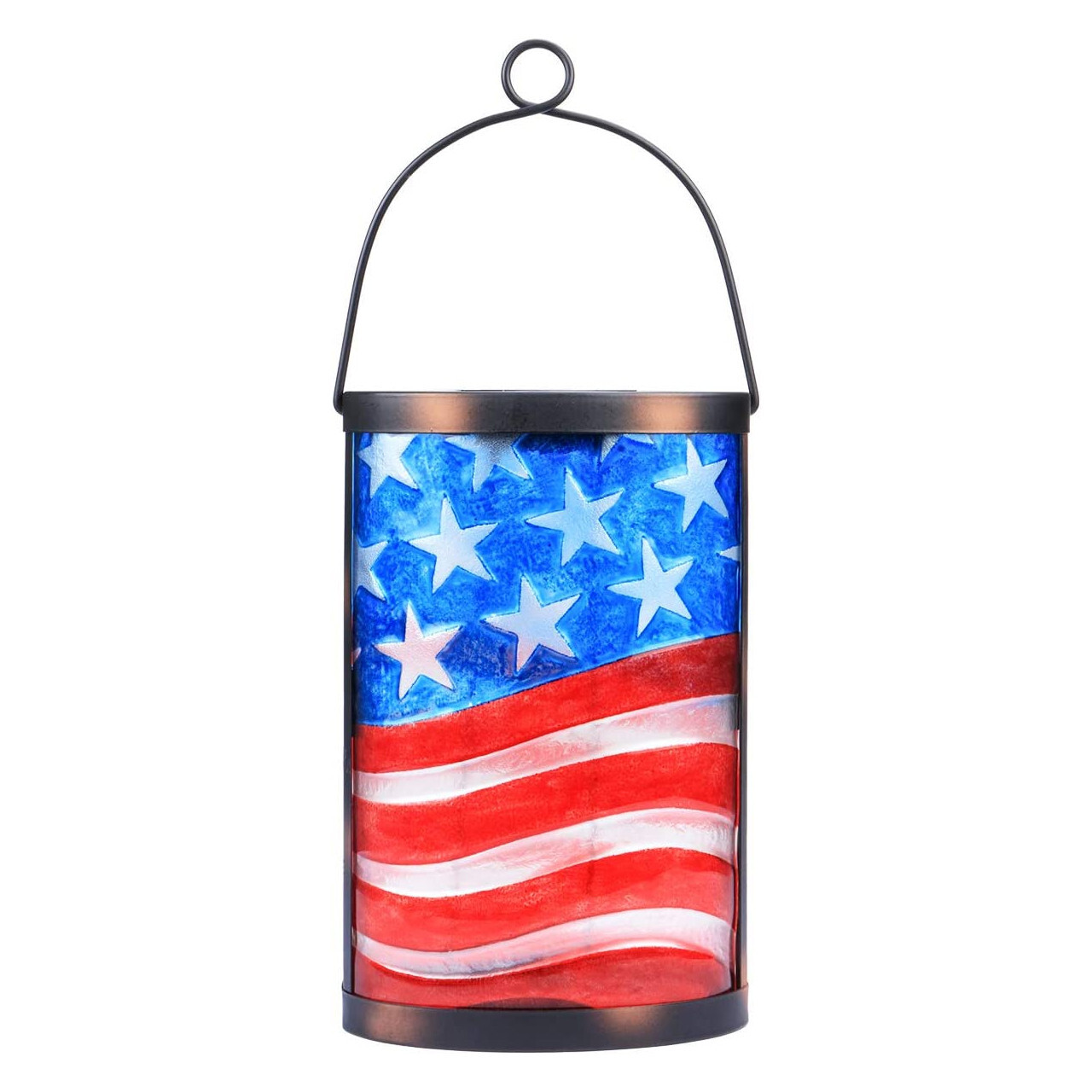 Patriotic USA American Flag Glass Solar LED Lantern With Dusk-To-Dawn Sensor