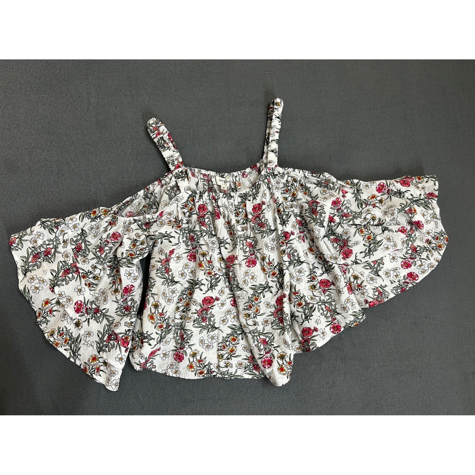 Umgee Cold Shoulder Top Women Medium White New Floral Tiered Bell Sleeve Boho