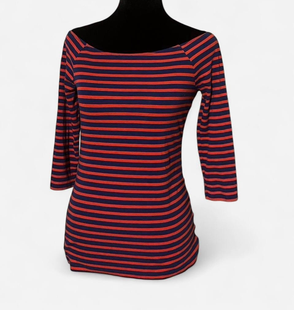 Old Navy Women’s Maternity S Blue & Red Striped Boat Neck 3/4 Sleeve Top