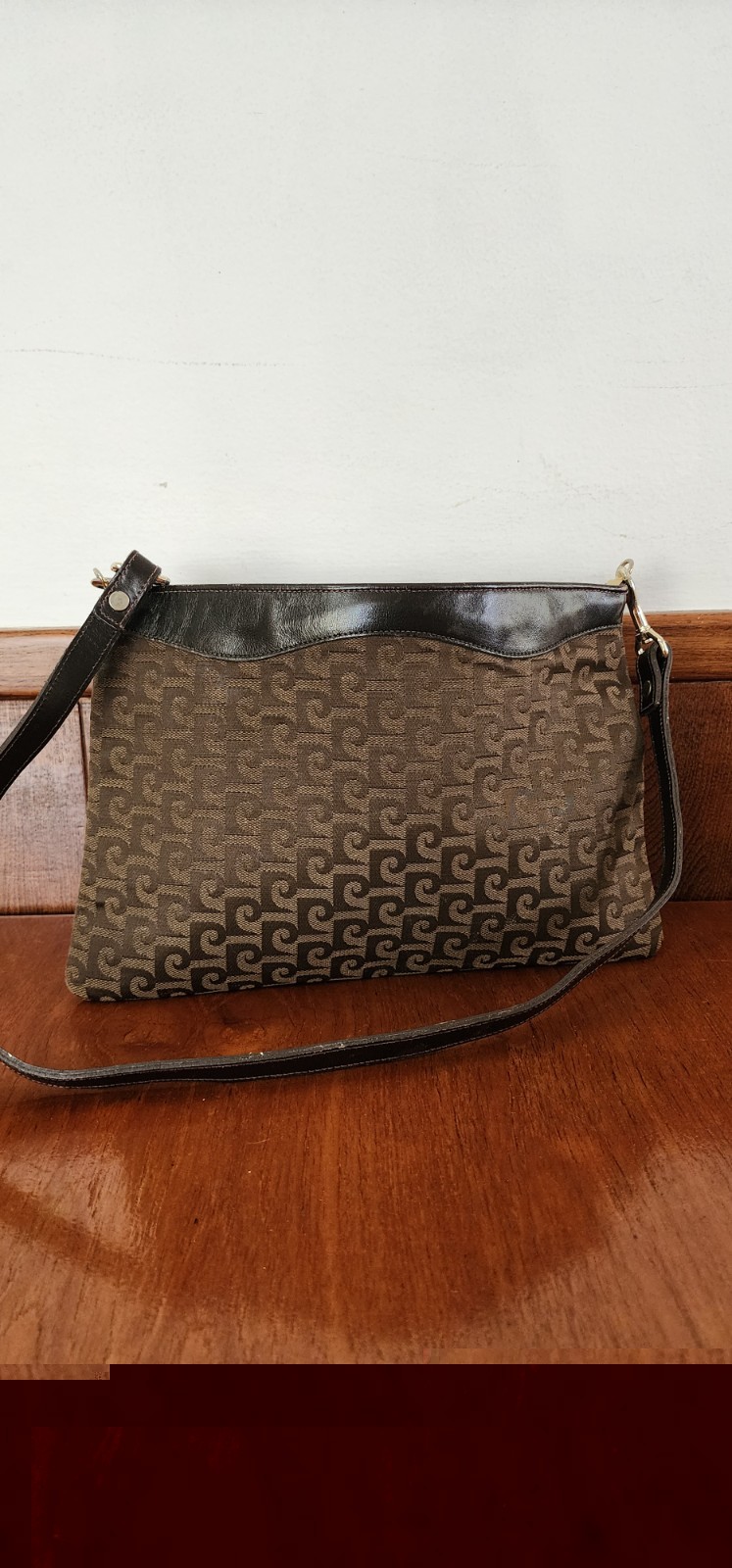 VTG Pierre Cardin Monogram Tapestry Shoulder Bag Brown Cursive Logo Charm