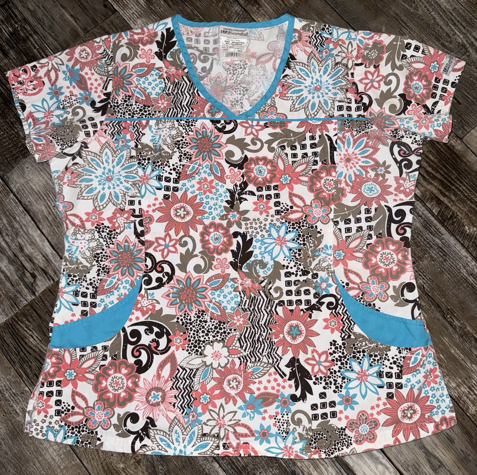 UA Scrubs Womens Top Size Large Multicolored Teal Coral Floral Paisley