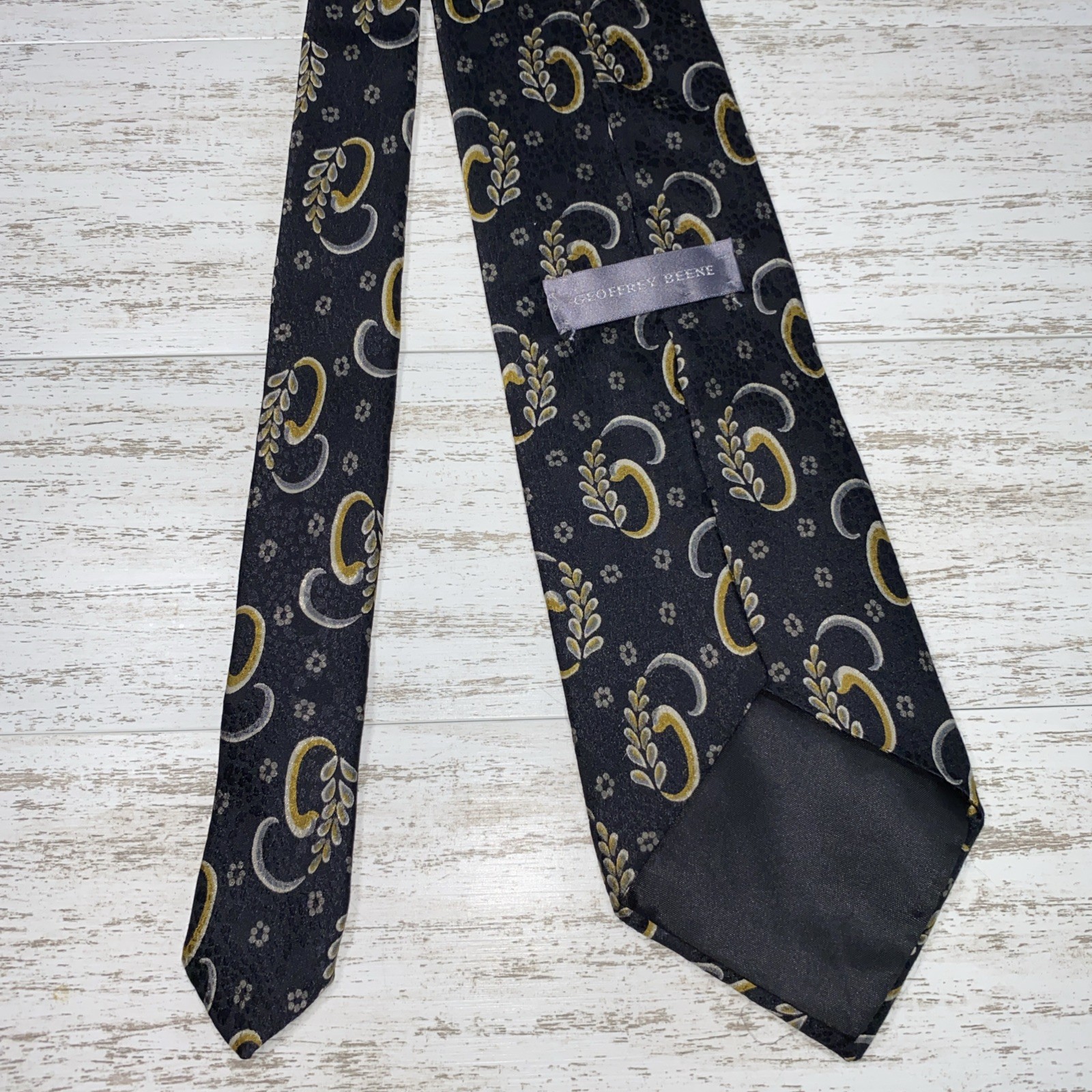 Geoffrey Beene 90s Silk Tie Black Gold Silver Monogram G Wheat Leaf Jacquard