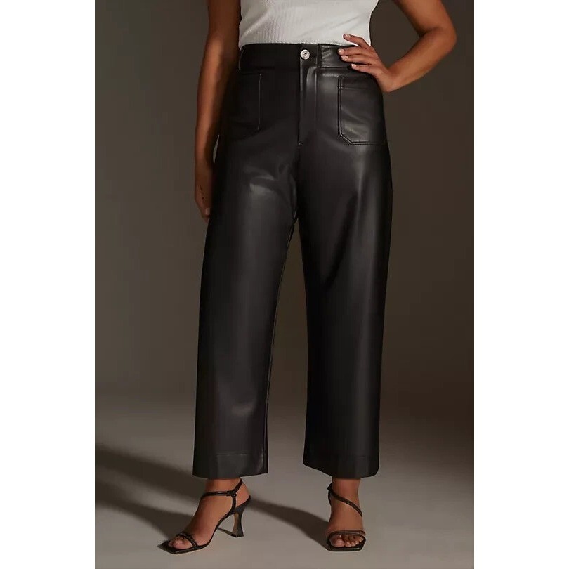 Maeve Anthropologie The Colette Faux Leather Pants Black Wide Leg Cropped 31