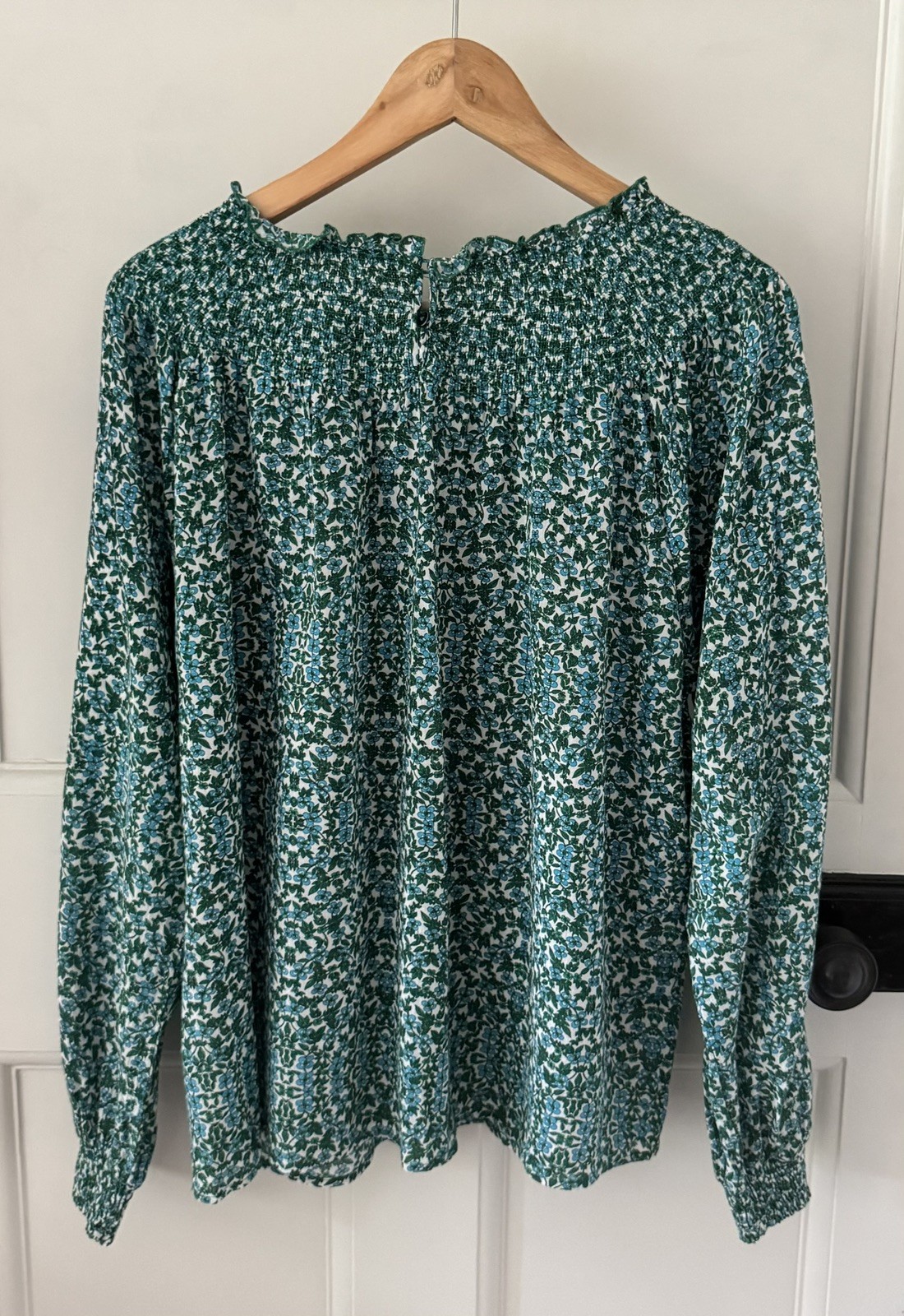 Hush Green Floral Smocked Blouse UK 16 100% Organic Cotton Boho Long Sleeve Top