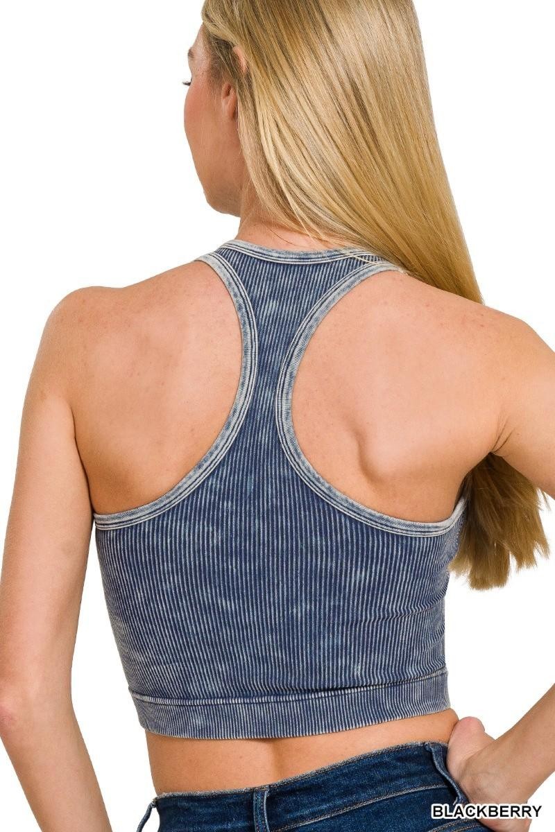ASH BLACK ZENANA STONE WASHED SEAMLESS RACERBACK TANK TOP W BRA PAD