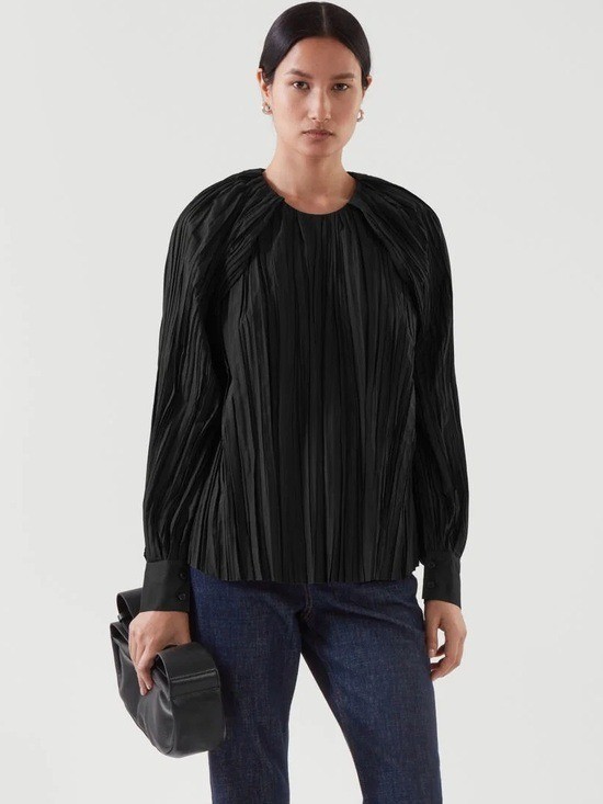 COS Crushed Pleated Cape Sleeve Top in Black Size 6