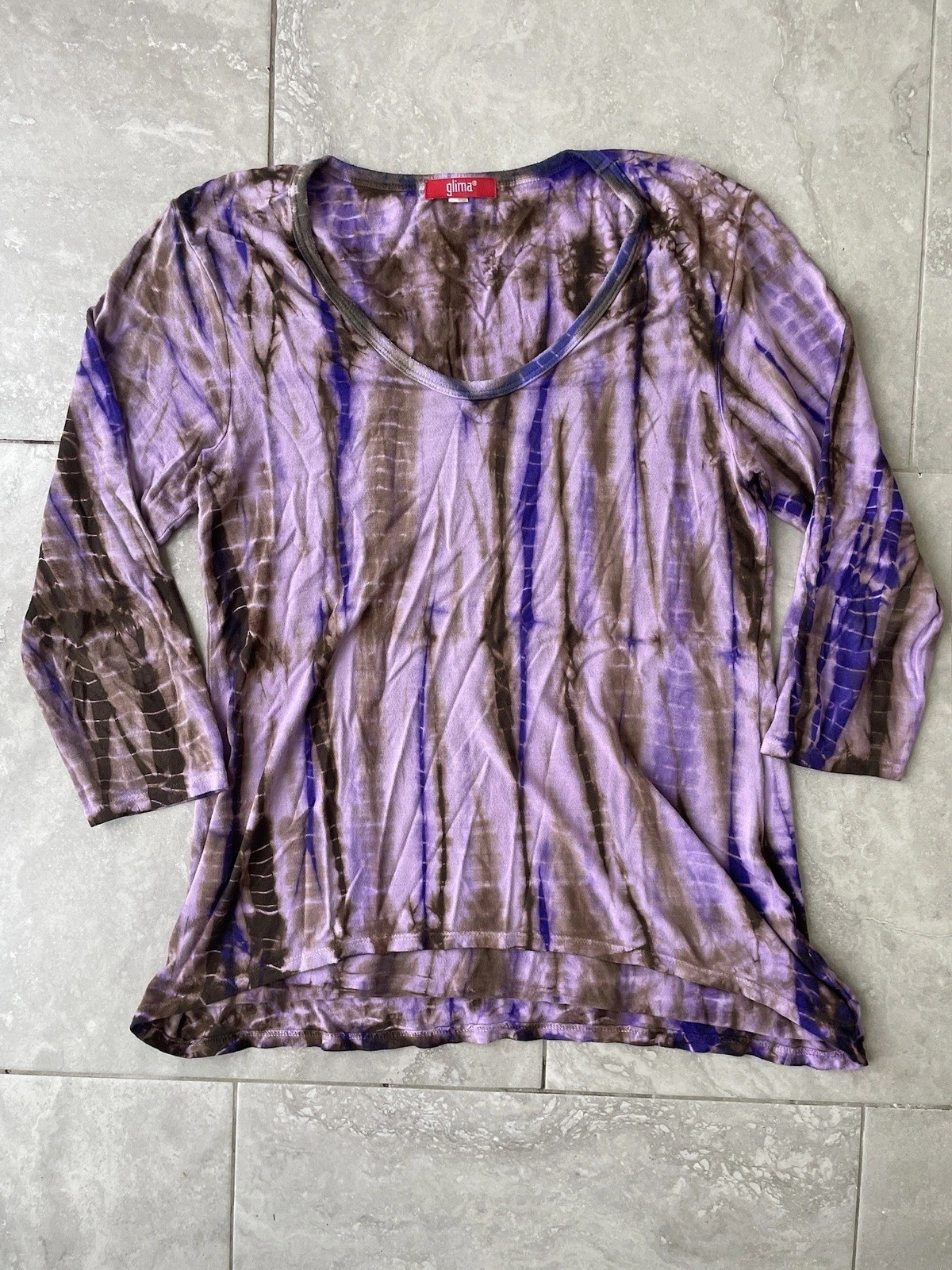 GLIMA Womens Sz M Purple Tie-Dye Rib Knit V-Neck 3/4 Sleeve Top y2k 90s Vtg Goth