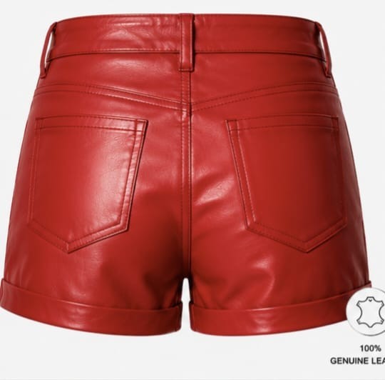Women s Genuine Red Lambskin Leather Shorts High Waist Zip Pocket Sexy Pants