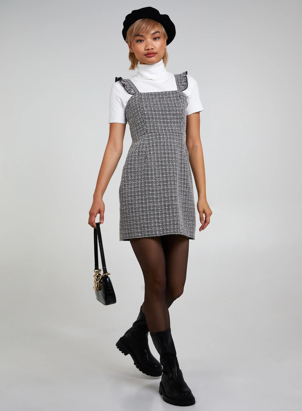 Pink Vanilla Womens Black/White Tweed Pinafore Dress