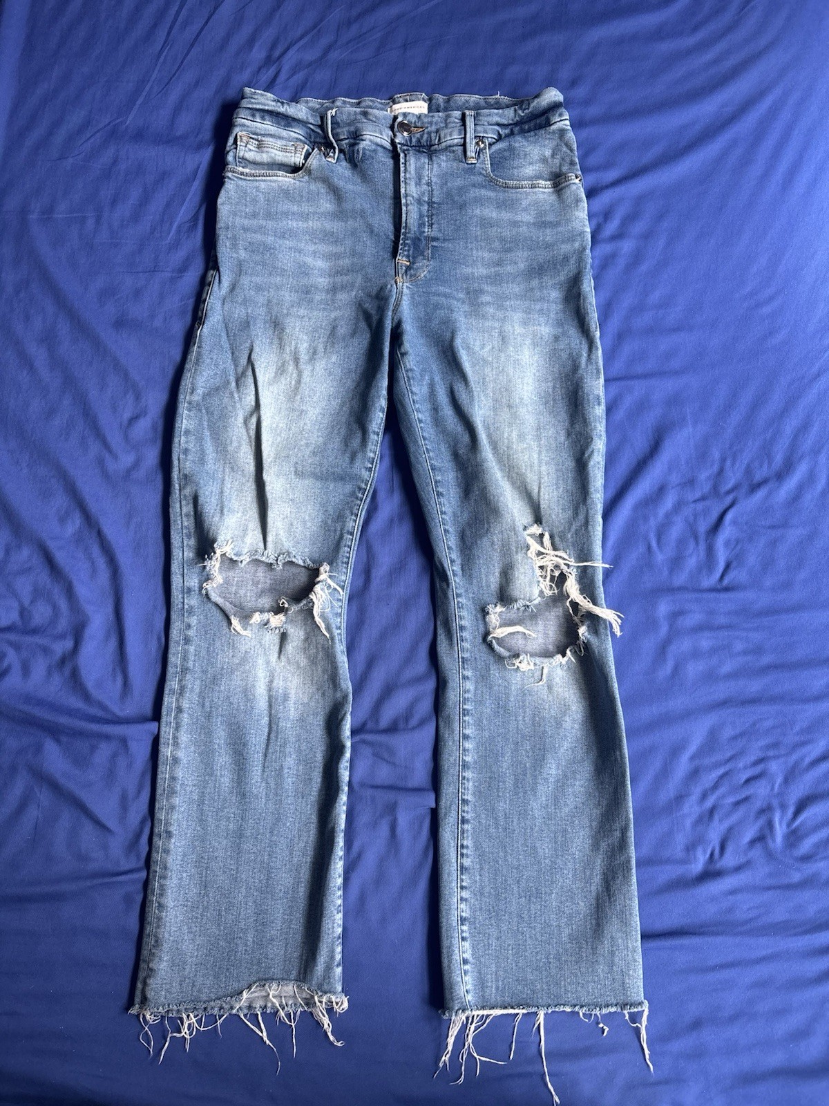 Good American Boot Jean In Indigo Women’s Size 8/29 Distressed Indigo 033