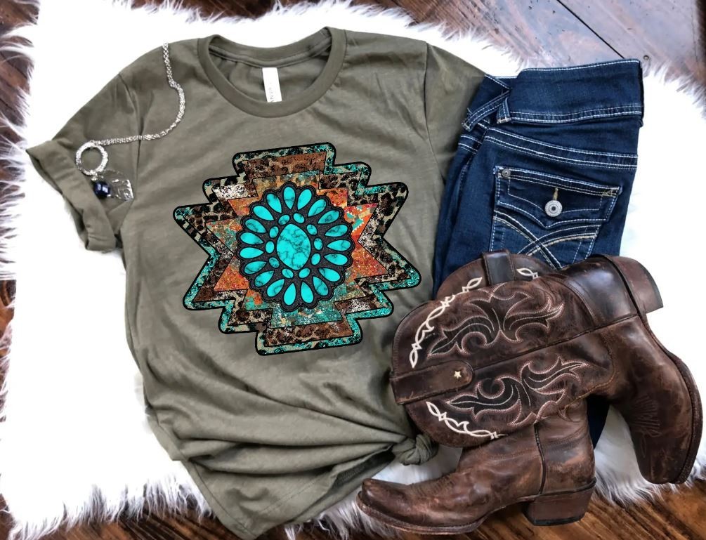 Western Aztec Shirt, NWT, Size M, Country, Cowgirl, Turqoise Tee, Gemstone,