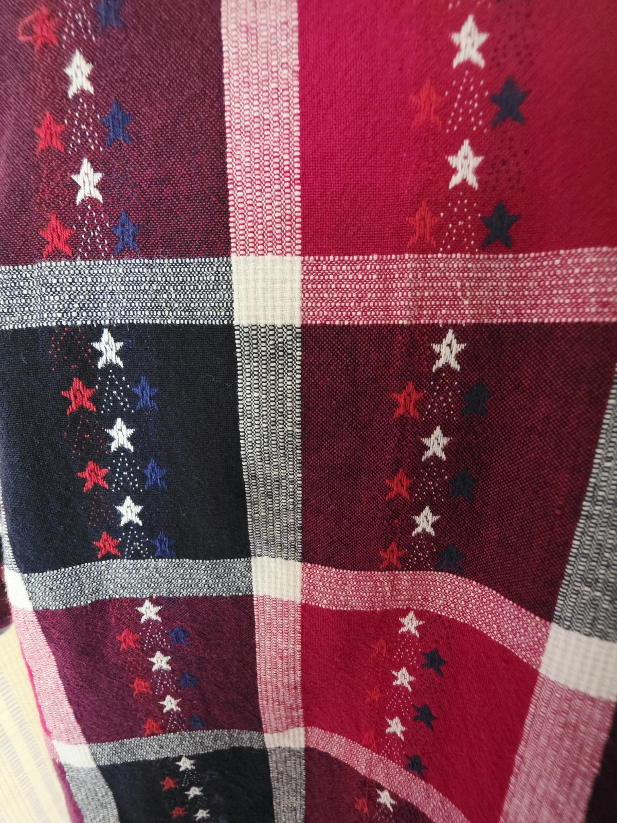 100% Cotton Red White & Navy Blue Plaid Shirt w/ Embroidered Stars, Star Buttons