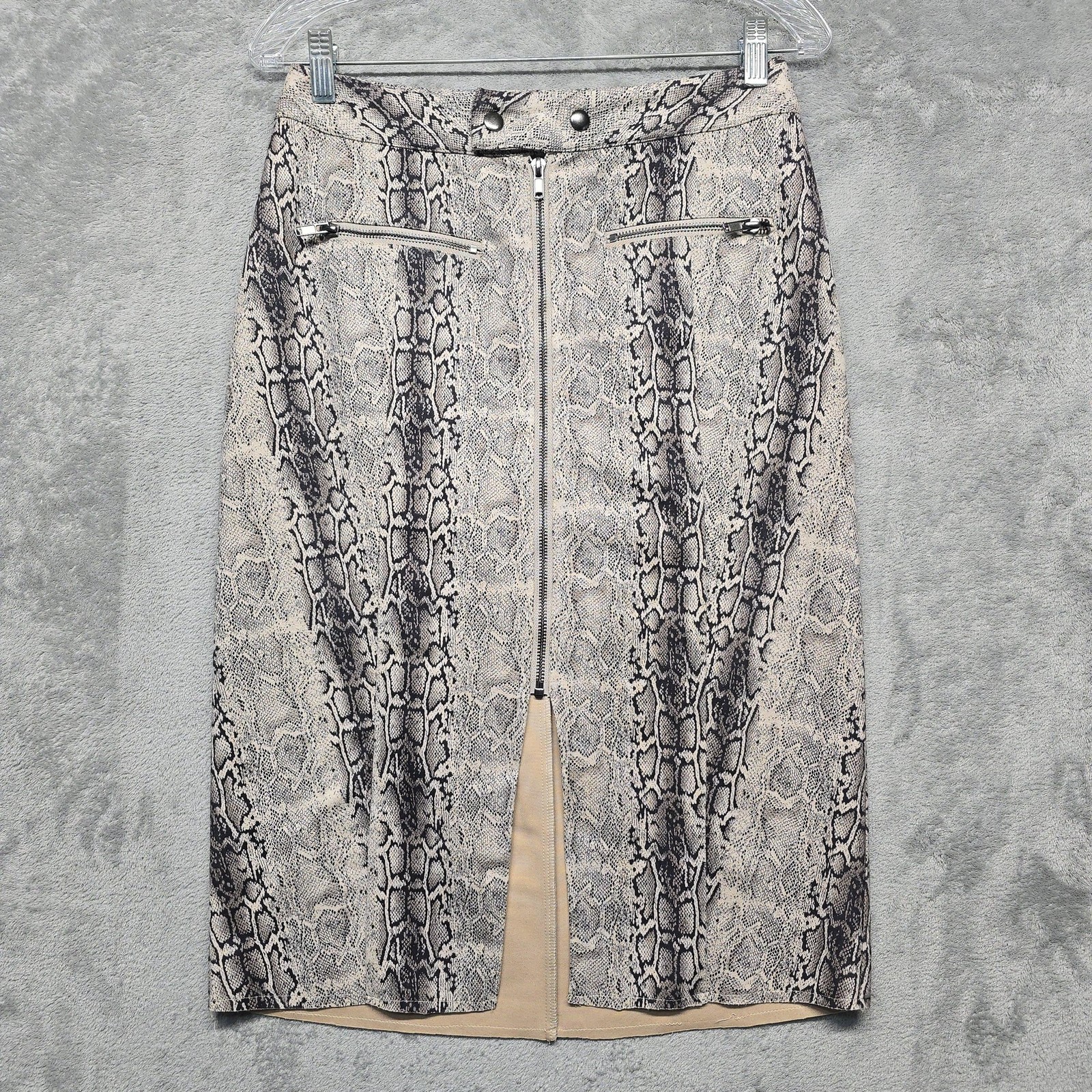 FATE Skirt Womens Size Medium Beige Snake Print Pencil Midi Zip Faux Pockets