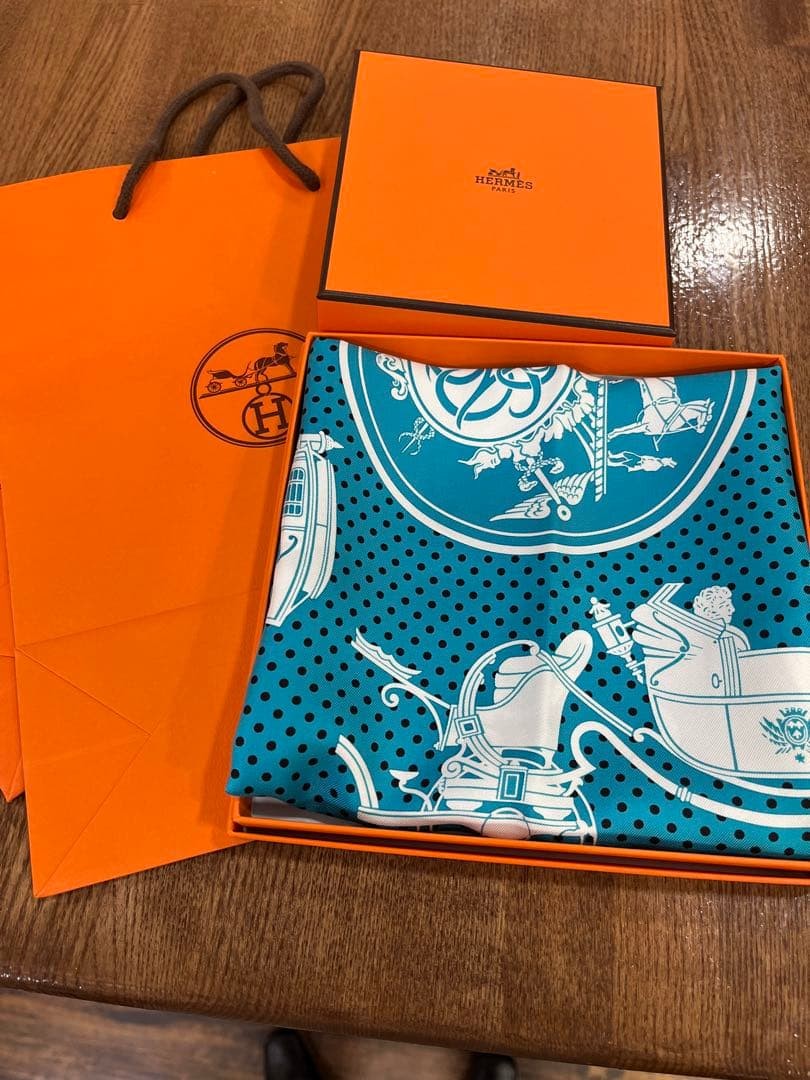 Hermes Silk Scarf Carriage Pattern Blue 55×55 cm Authentic Designer
