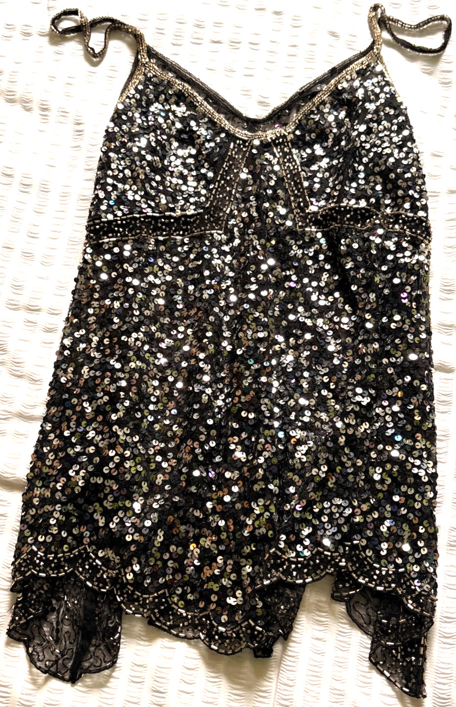 ✨ Evie Black Sparkly Sequin Beaded Cami Top Size 14-16 Party Festival Hanky Hem