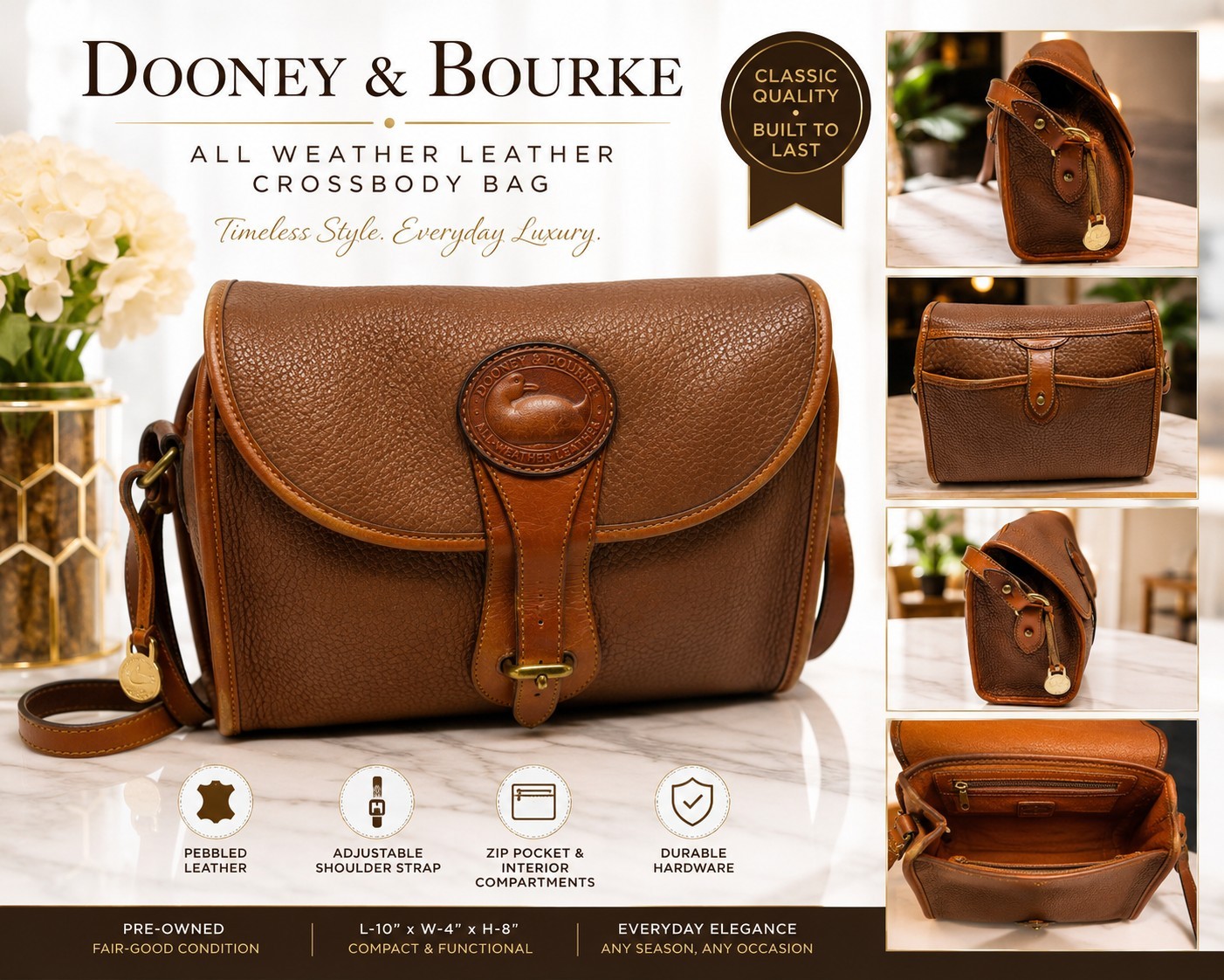Vintage Dooney & Bourke All Weather Leather Crossbody Bag Brown AWL Pebbled Leat