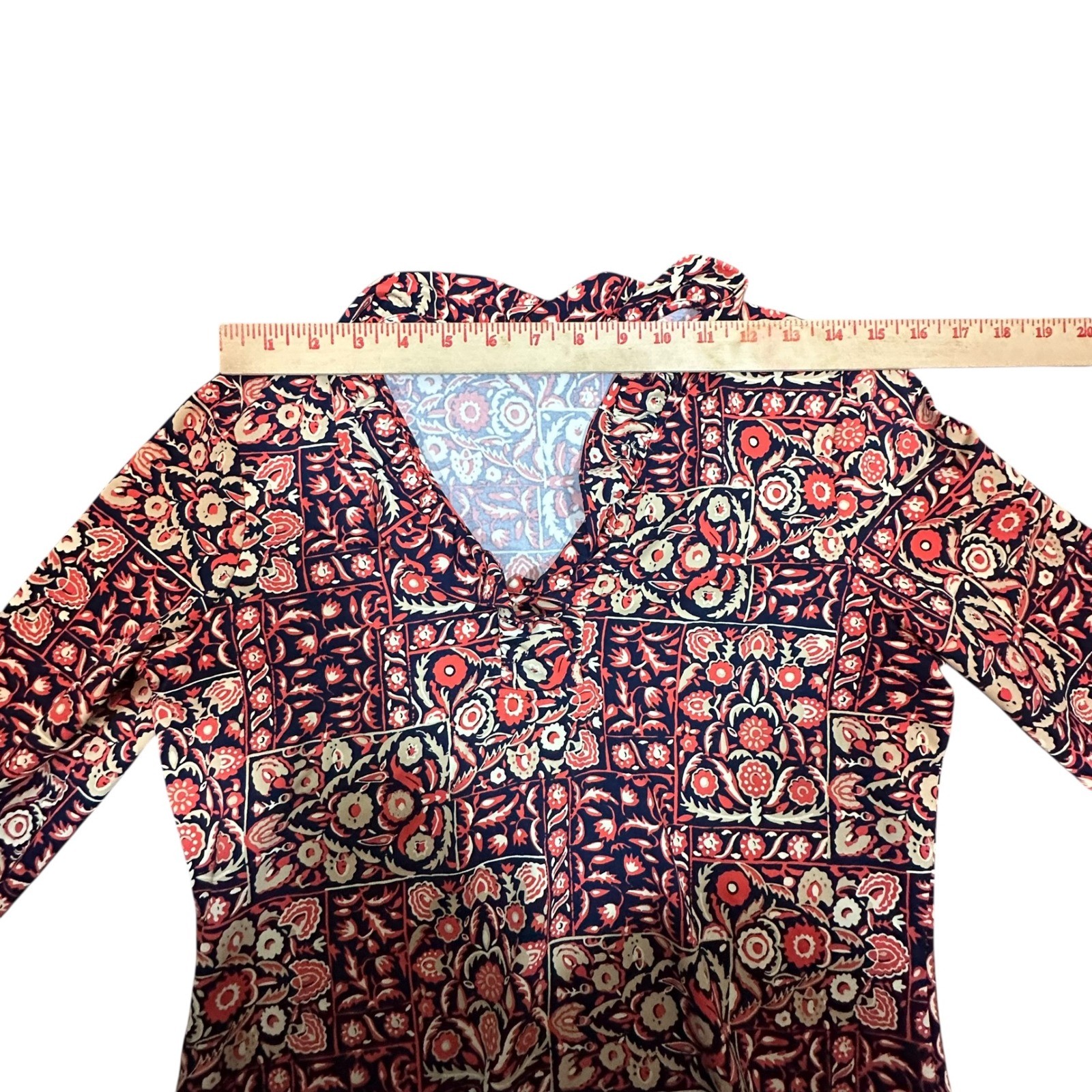 J. McLaughlin Durham Top Womens Medium Catalina Cloth Navy Orange Floral Ruffle