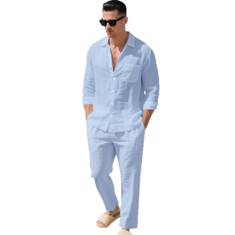 Men’s Loose Collar Shirt Long Sleeve Pants Set Spring & Summer