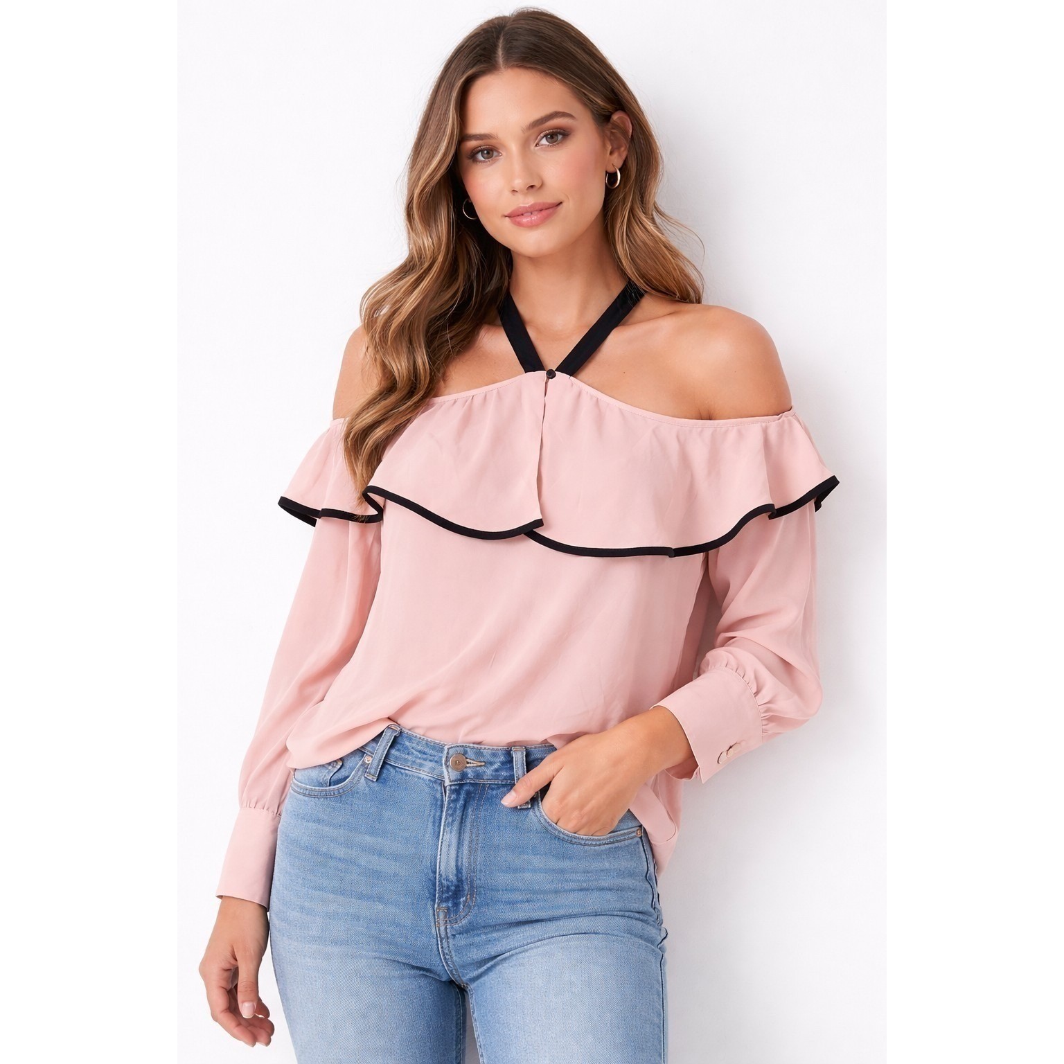NWT LOFT Blush Pink Off Shoulder Ruffle Blouse Strappy Neck Trim Top feastive
