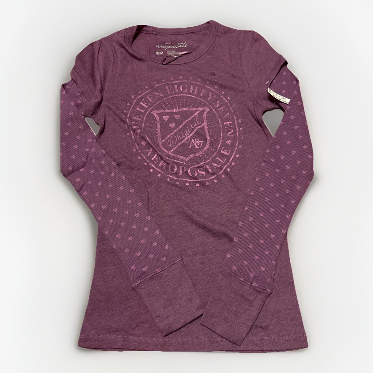 Aéropostale Women’s Purple Waffle Knit Heart Sleeve Graphic Tee Scoop M