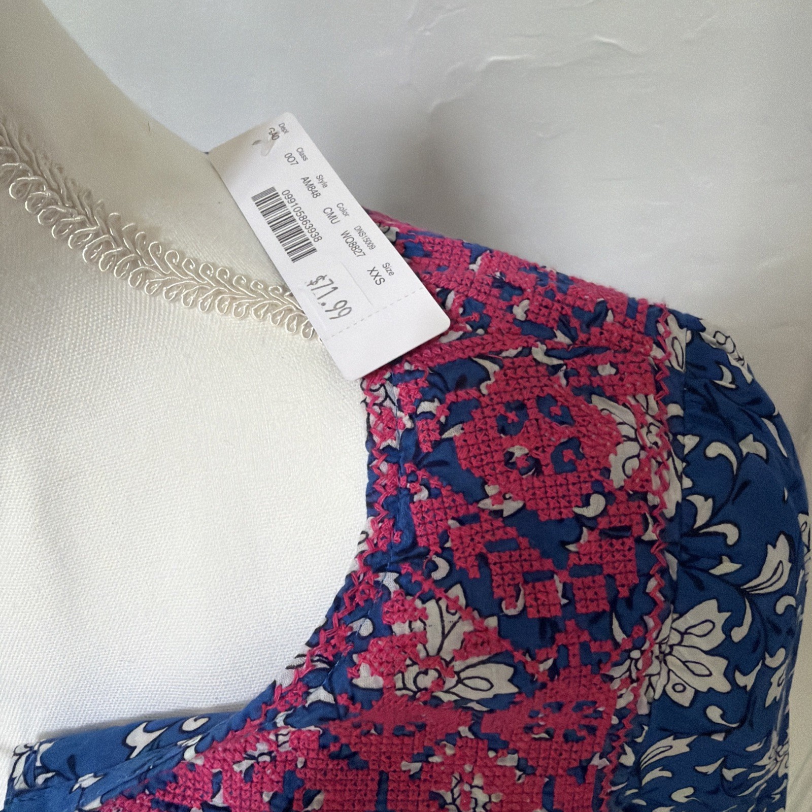 J Crew AM848 NWT Size XXS Embroidered Cotton Voile Top in Blue Block Print NEW