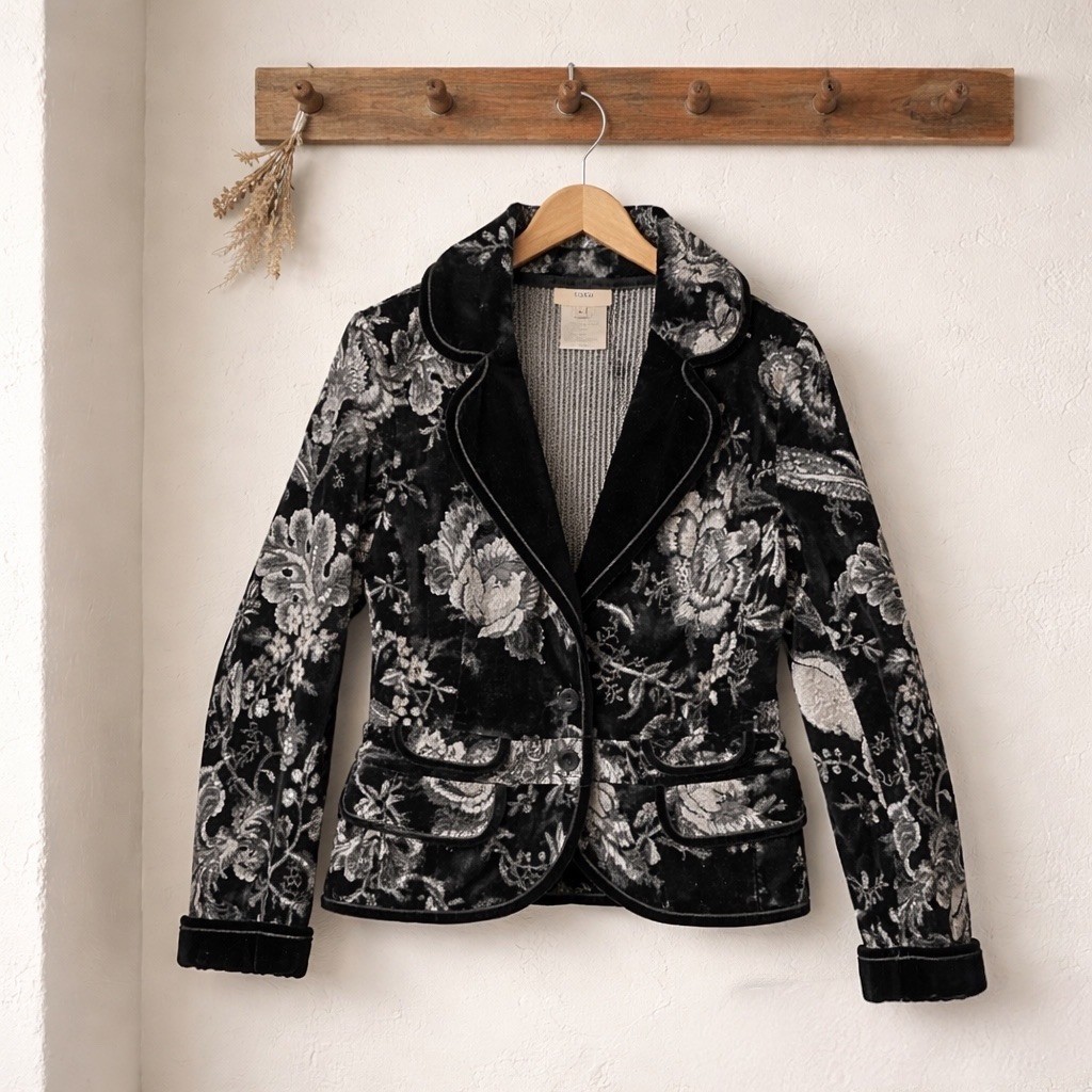 Fuzzi Artsy Evening Italian Luxe Velvet Floral Blazer Virgin Wool Viscose Size M