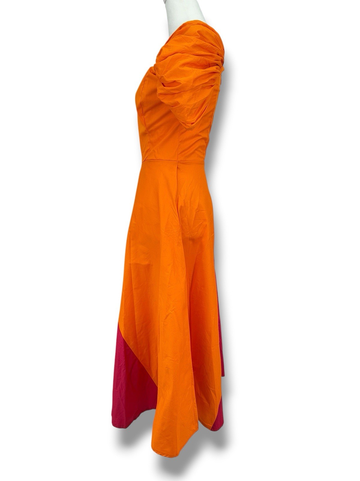 Colorblock Midi Dress Sz 6 Orange Pink Puff Slv Square Neck Dopamine Statement