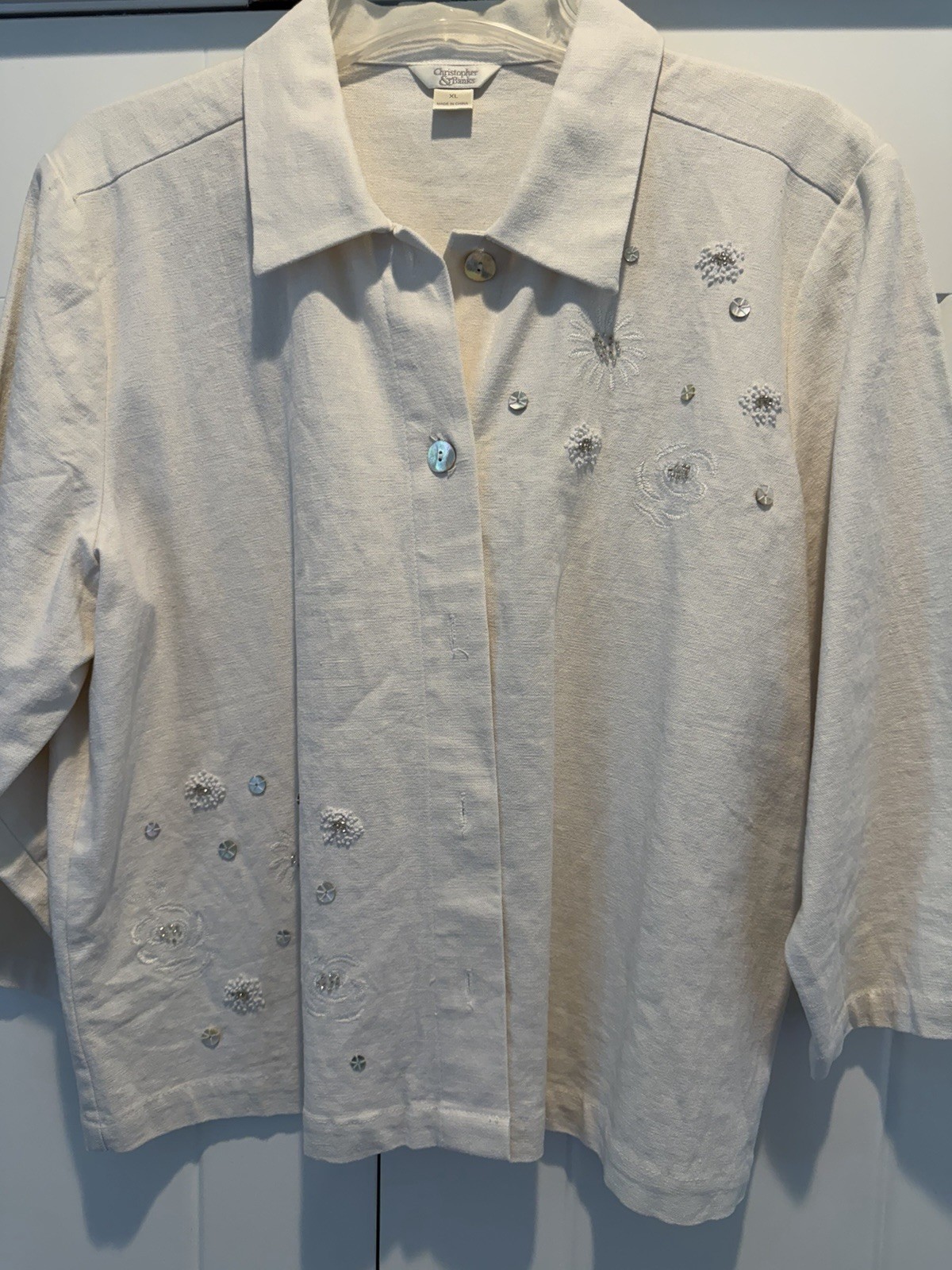 Christopher & Banks White Linen Embroidered Collared Button-Up Top XL 3/4
