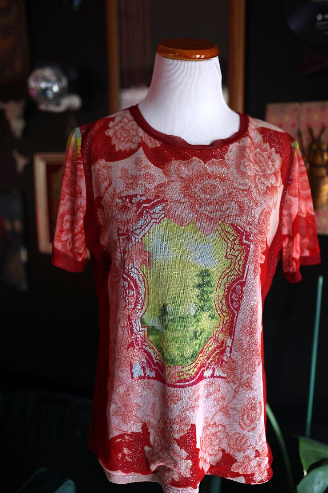 Nicola Vintage Y2K 90S Sheer Sparkle Shimmer Floral AOP Red Short Sleeve Top M