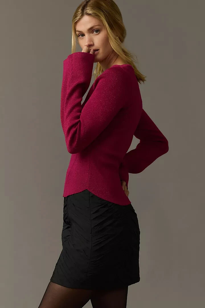 NWT Anthropologie Maeve Square-Neck Bell-Sleeve Sweater Size M Raspberry #B1409