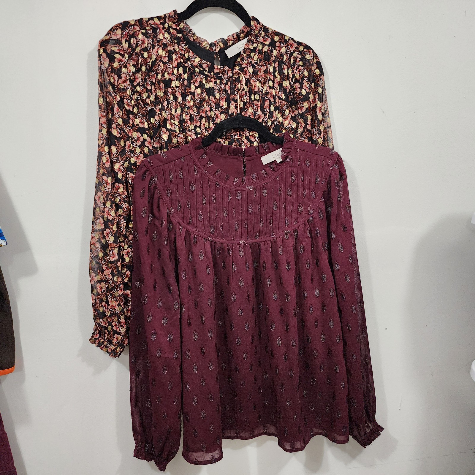 LOFT Shimmer Vine & Geo Clip Pleated Yoke Tops Set Womens L Long Sleeve Sheer