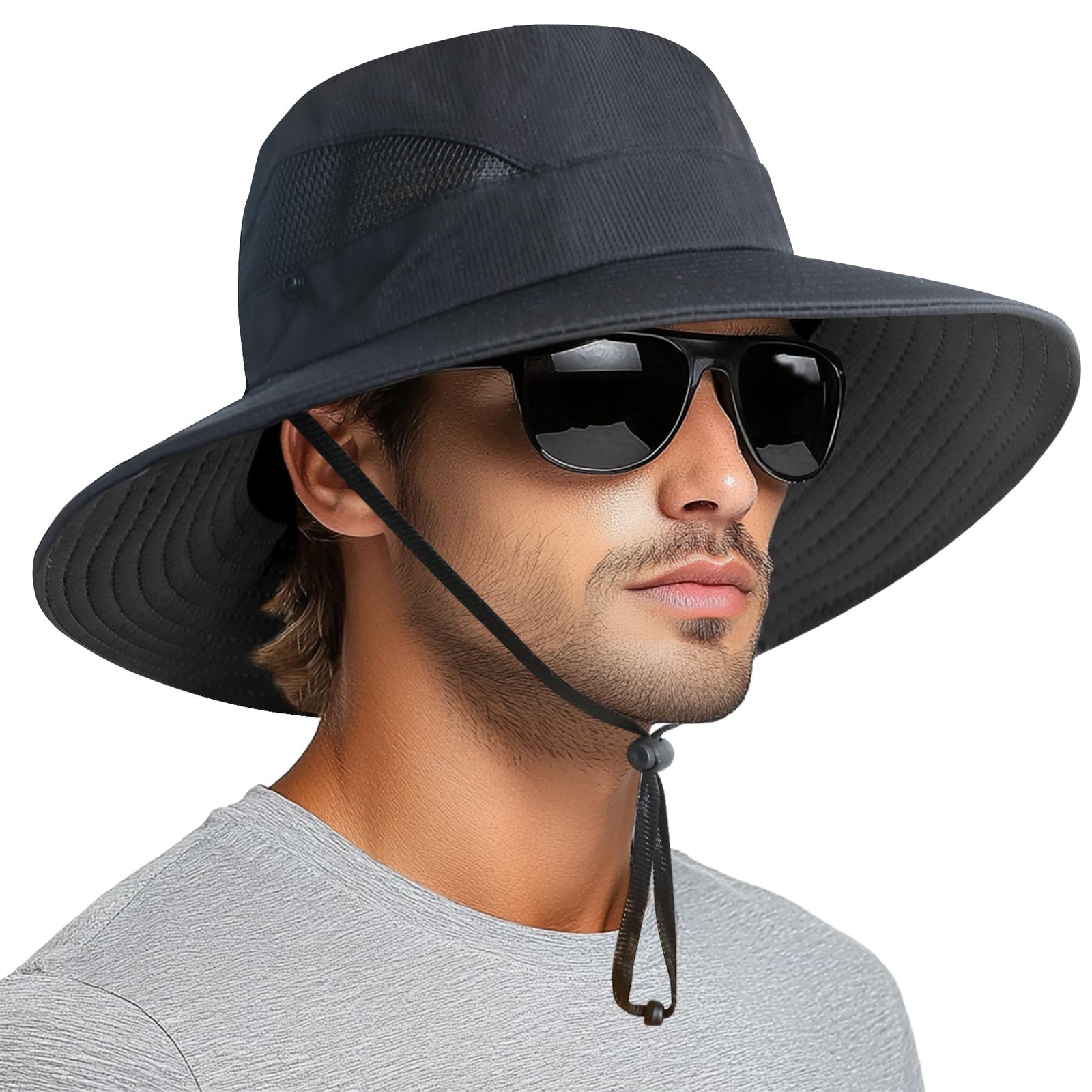 PFFY Sun Hats for Men Women Wide Brim Bucket Hat UPF 50+ One Size, Black