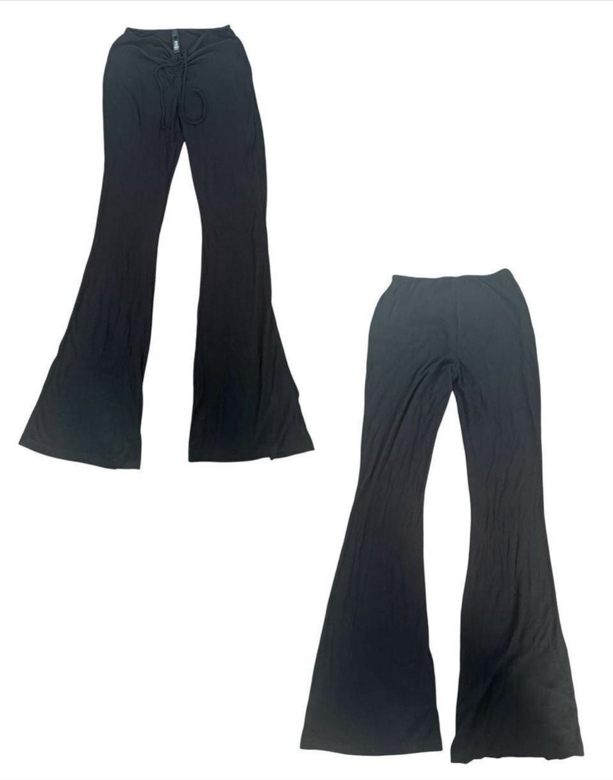 SKIMS Black Ribbed Knit Wide-Leg Flared Pants Drawstring Stretch Mid Rise M