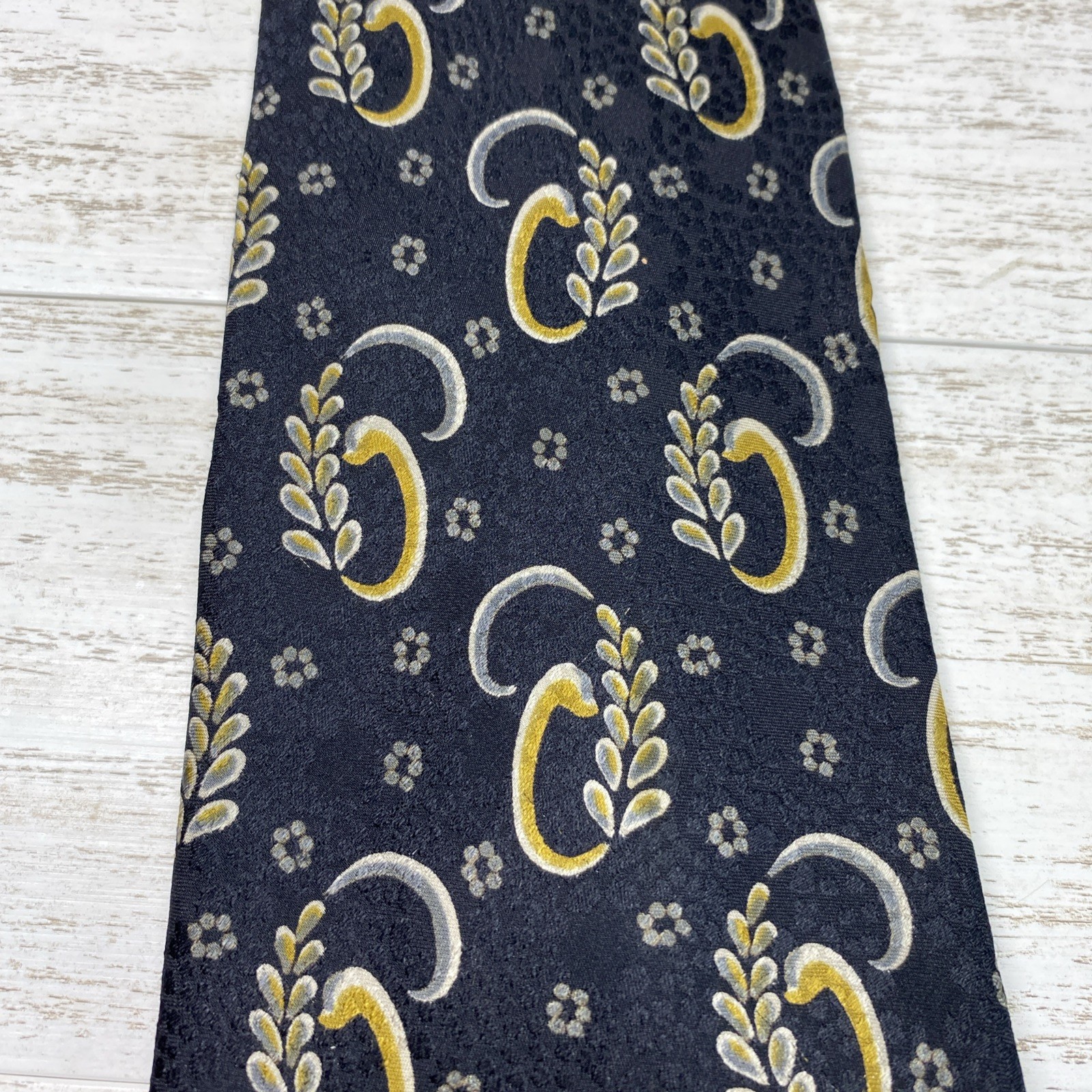 Geoffrey Beene 90s Silk Tie Black Gold Silver Monogram G Wheat Leaf Jacquard