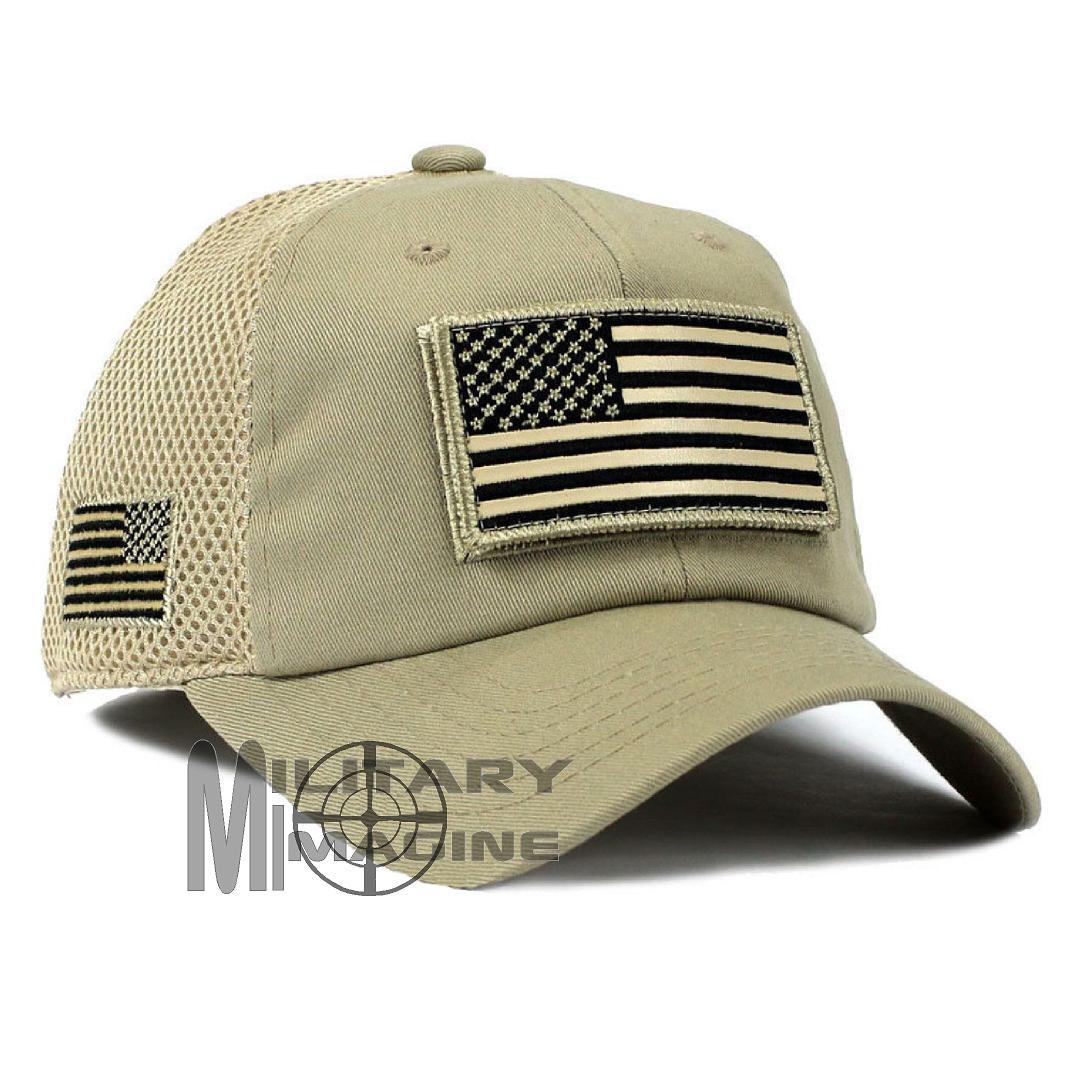 USA American Flag Hat Khaki Detachable Patch Micro Mesh Tactical Cap